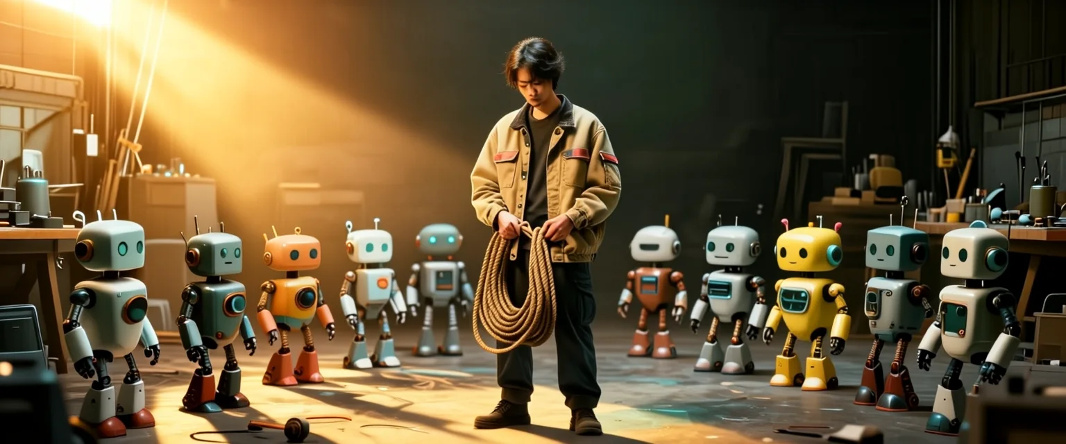 Light direction and colour temperature change; every robot stays put.