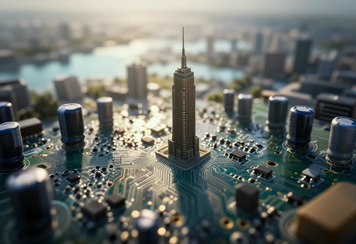 A circuit board shot like an aerial landscape.