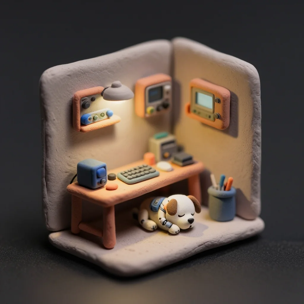Tilt-shift clay diorama — soft materials, practical lights, a sleeping unit under the bench.
