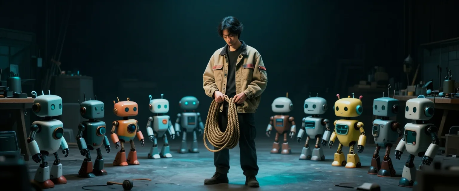 A person holding a coiled rope stands in a dim workshop surrounded by a herd of small mismatched robots