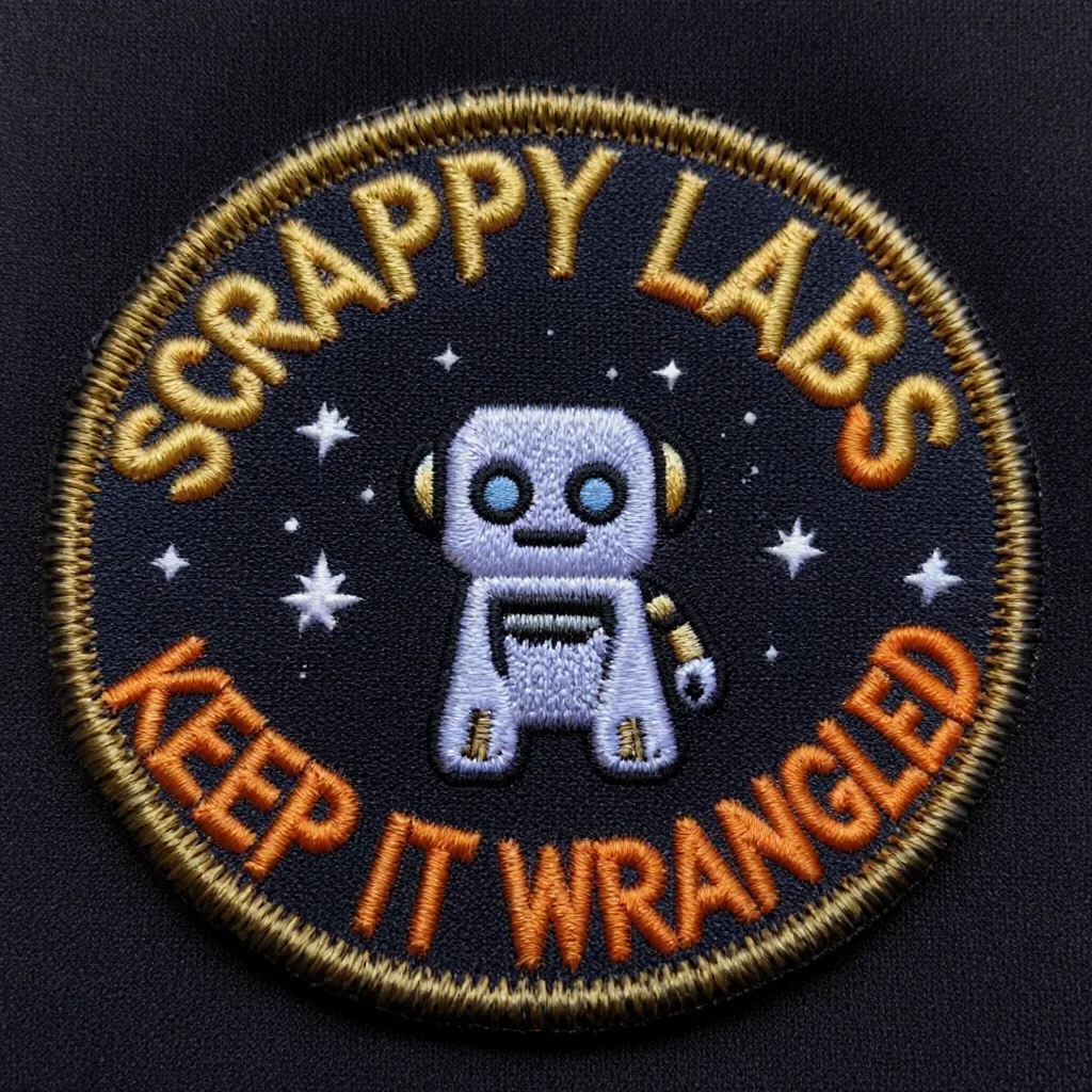Satin-stitch lettering on fabric weave — “SCRAPPY LABS / KEEP IT WRANGLED”, curved on both arcs, first try.